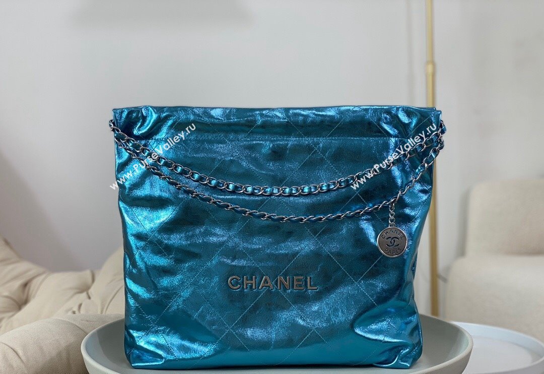 Chanel 22 Metallic Shiny Calfskin Shopping Bag AS3261 Blue2 2024 (SM-240626099)