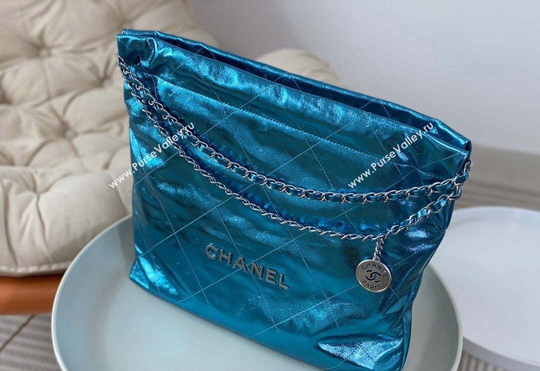 Chanel 22 Metallic Shiny Calfskin Shopping Bag AS3261 Blue2 2024 (SM-240626099)