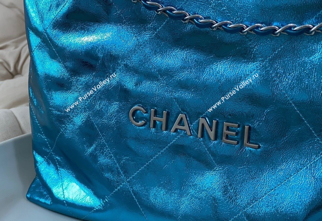 Chanel 22 Metallic Shiny Calfskin Shopping Bag AS3261 Blue2 2024 (SM-240626099)