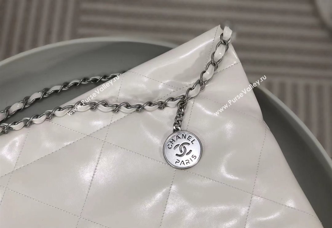 Chanel 22 Shiny Calfskin Leather Shopping Bag AS3261 White/Aged Silver 2024 0626 (SM-240626071)