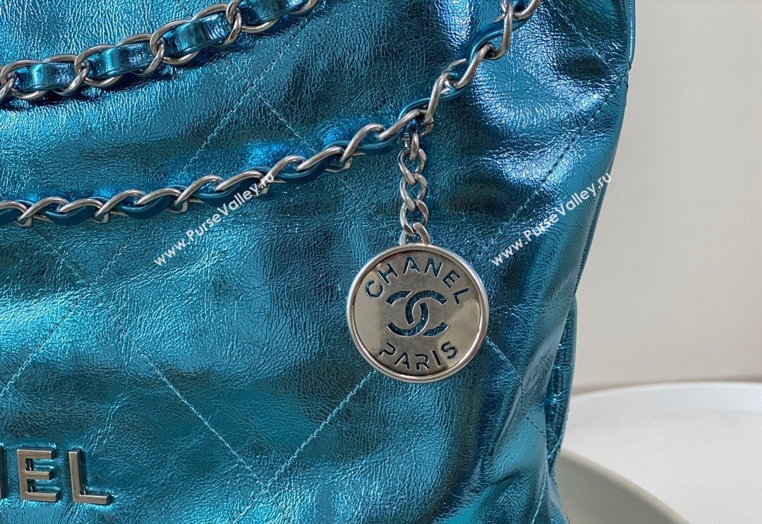 Chanel 22 Metallic Shiny Calfskin Shopping Bag AS3261 Blue2 2024 (SM-240626099)