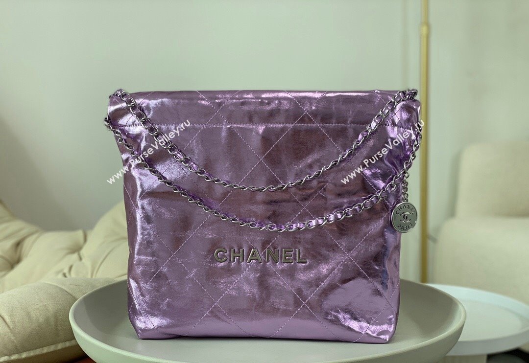 Chanel 22 Metallic Shiny Calfskin Small Shopping Bag AS3260 Purple 2024 (SM-240626100)