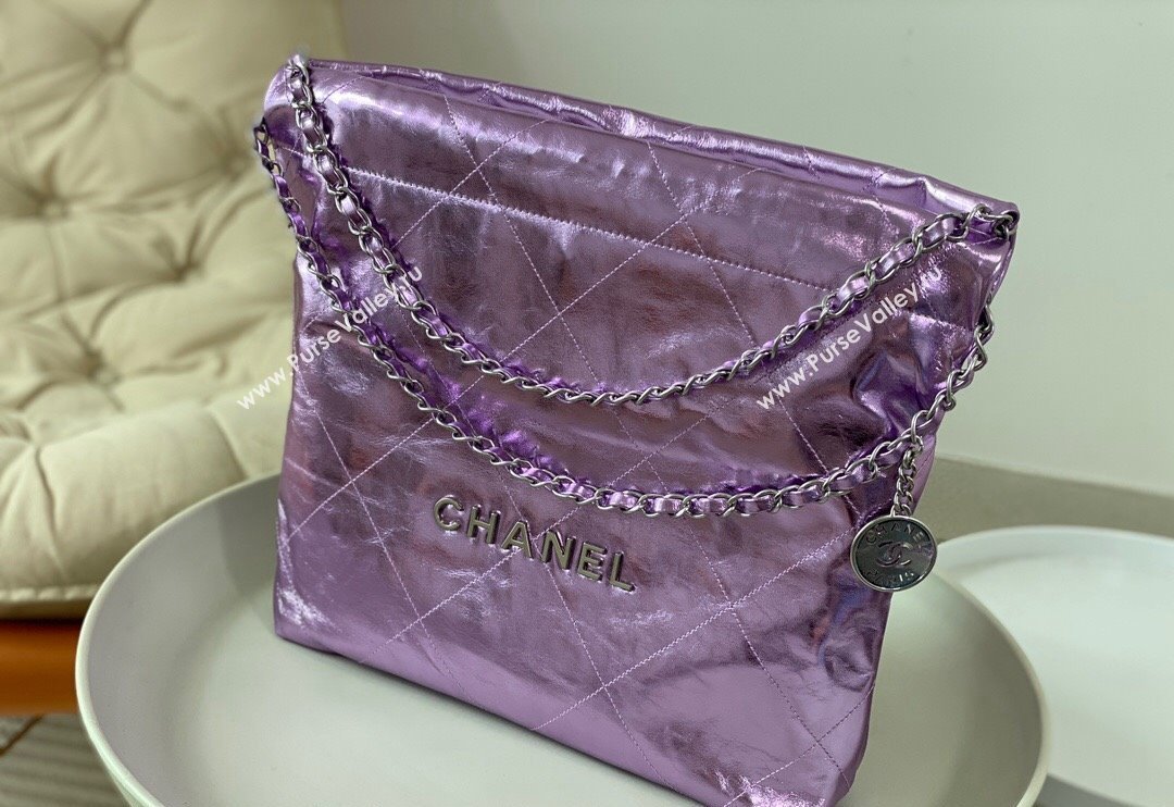 Chanel 22 Metallic Shiny Calfskin Small Shopping Bag AS3260 Purple 2024 (SM-240626100)