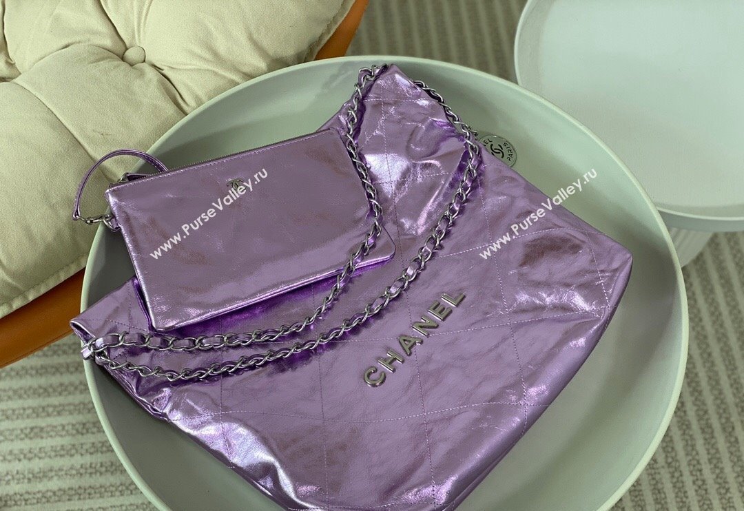 Chanel 22 Metallic Shiny Calfskin Small Shopping Bag AS3260 Purple 2024 (SM-240626100)