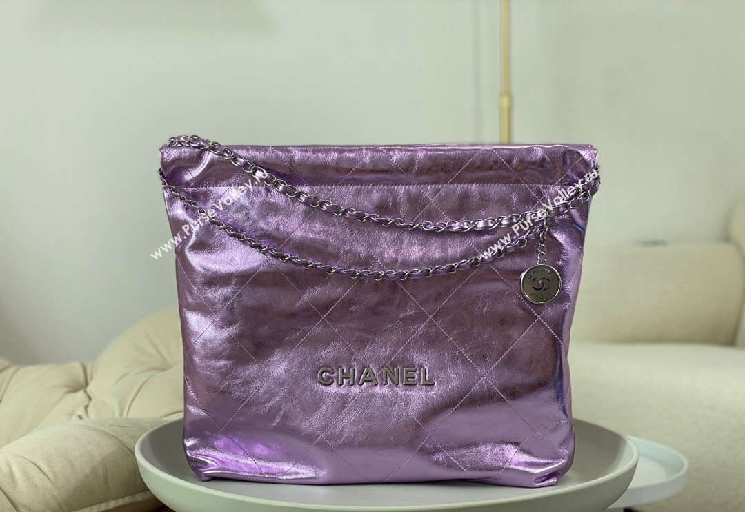 Chanel 22 Metallic Shiny Calfskin Shopping Bag AS3261 Purple 2024 (SM-240626101)