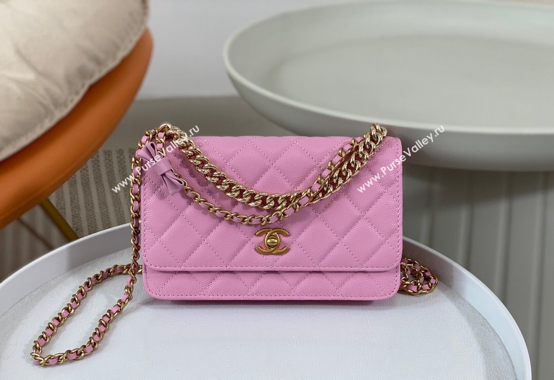 Chanel Grained Calfskin Wallet on Chain WOC with Bow Pink 2024 96073 (SM-240626114)