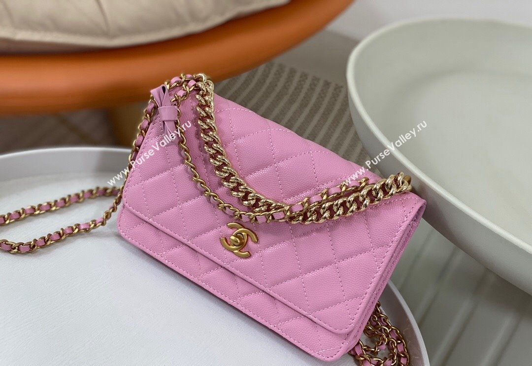 Chanel Grained Calfskin Wallet on Chain WOC with Bow Pink 2024 96073 (SM-240626114)