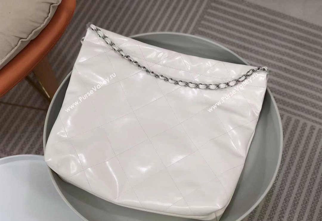 Chanel 22 Shiny Calfskin Leather Shopping Bag AS3261 White/Aged Silver 2024 0626 (SM-240626071)