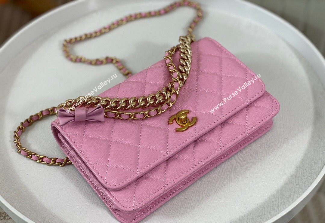 Chanel Grained Calfskin Wallet on Chain WOC with Bow Pink 2024 96073 (SM-240626114)