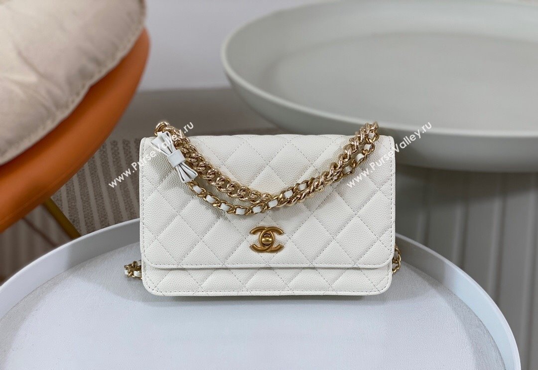 Chanel Grained Calfskin Wallet on Chain WOC with Bow White 2024 96073 (SM-240626115)