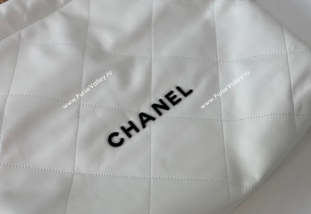 Chanel 22 Shiny Calfskin Leather Shopping Bag AS3261 White/Black 2024 0626 (SM-240626072)