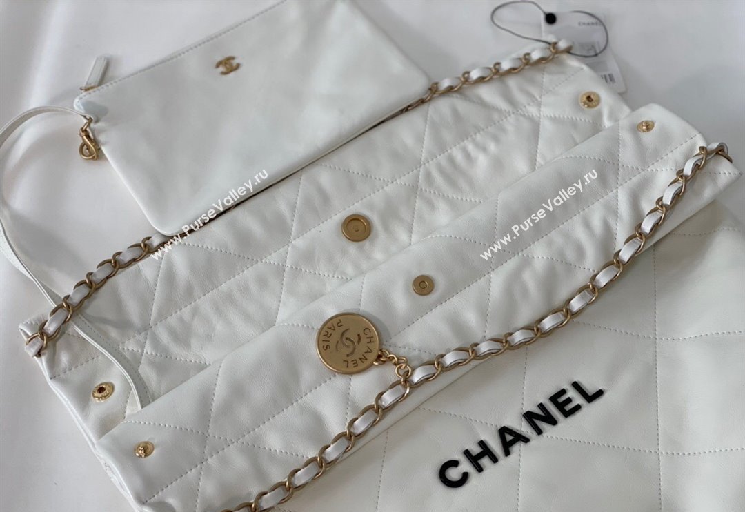 Chanel 22 Shiny Calfskin Leather Shopping Bag AS3261 White/Black 2024 0626 (SM-240626072)