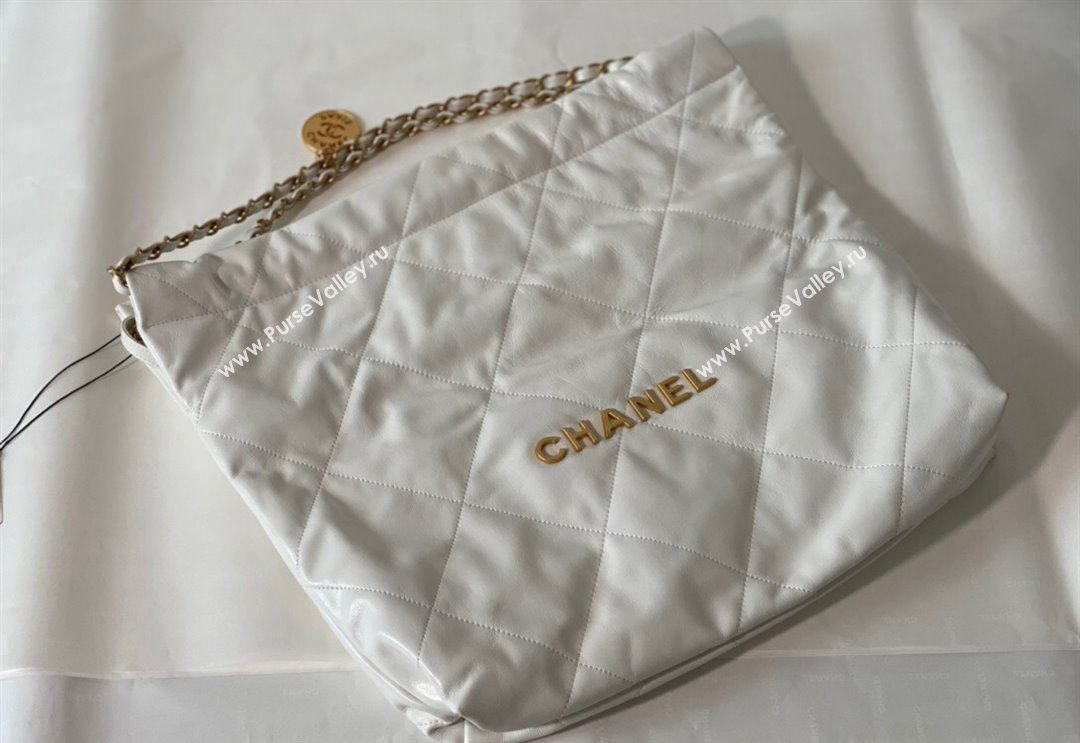 Chanel 22 Shiny Calfskin Leather Shopping Bag AS3261 White/Aged Gold 2024 0626 (SM-240626073)