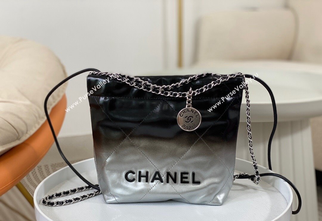 Chanel 22 Patent Gradient Calfskin  Lacquered Metal Mini Shopping Bag AS3980 Black/Silver 2024 0626 (SM-240626053)