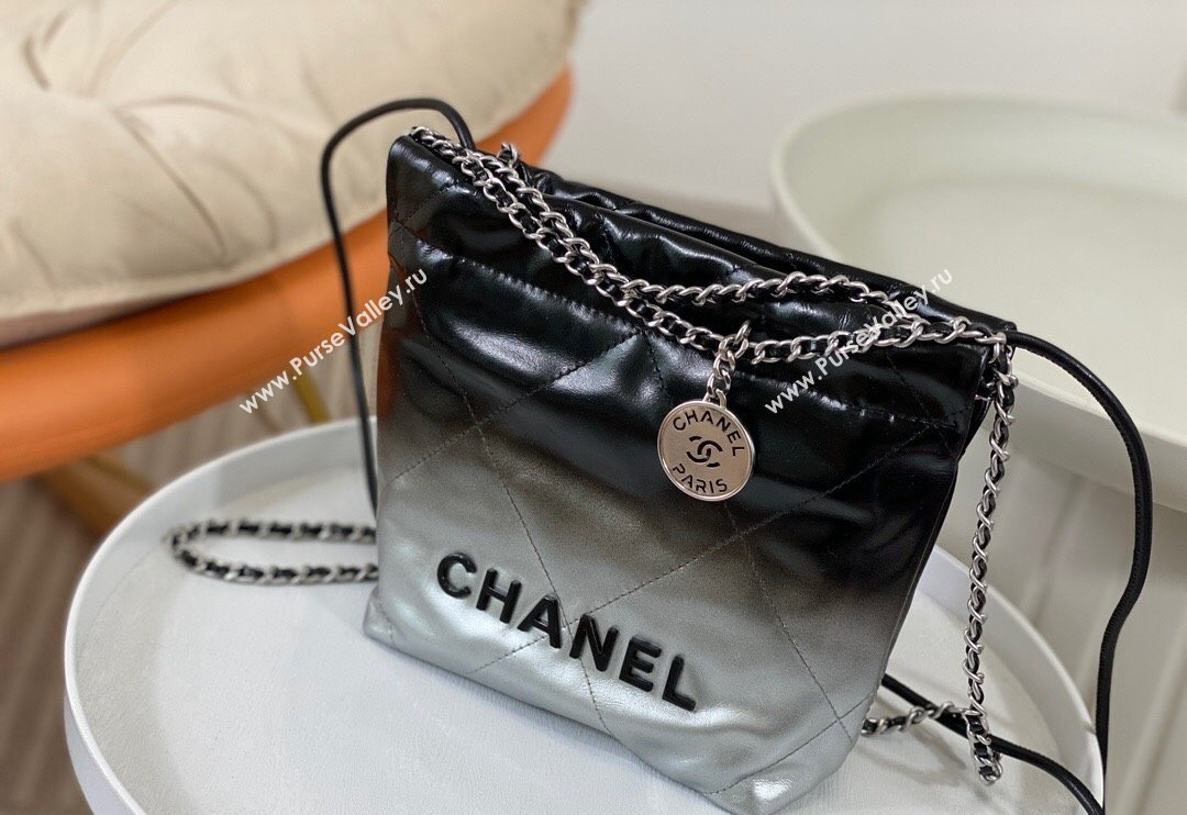 Chanel 22 Patent Gradient Calfskin  Lacquered Metal Mini Shopping Bag AS3980 Black/Silver 2024 0626 (SM-240626053)