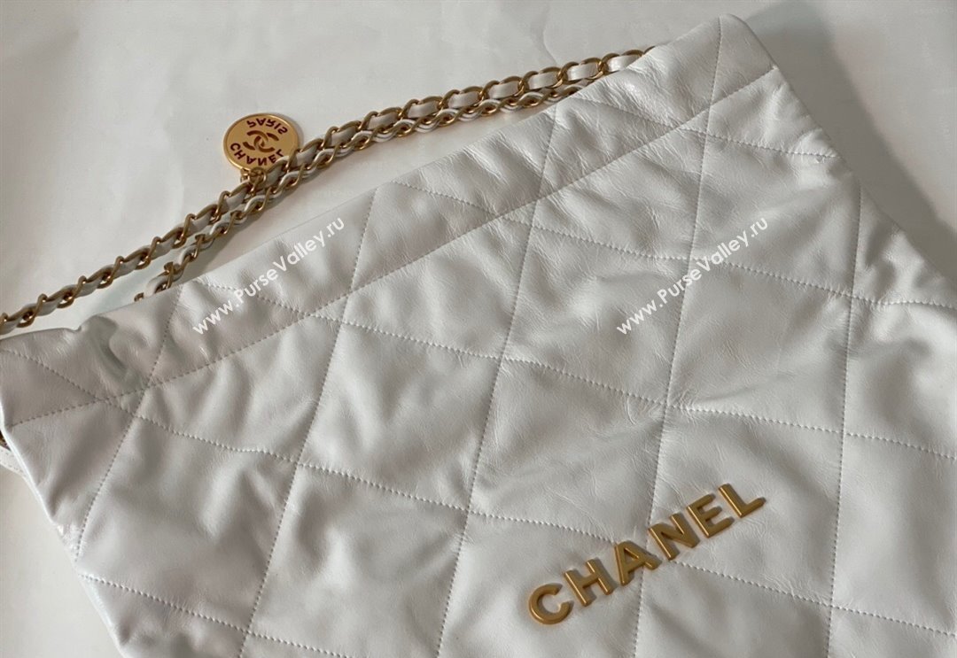 Chanel 22 Shiny Calfskin Leather Shopping Bag AS3261 White/Aged Gold 2024 0626 (SM-240626073)