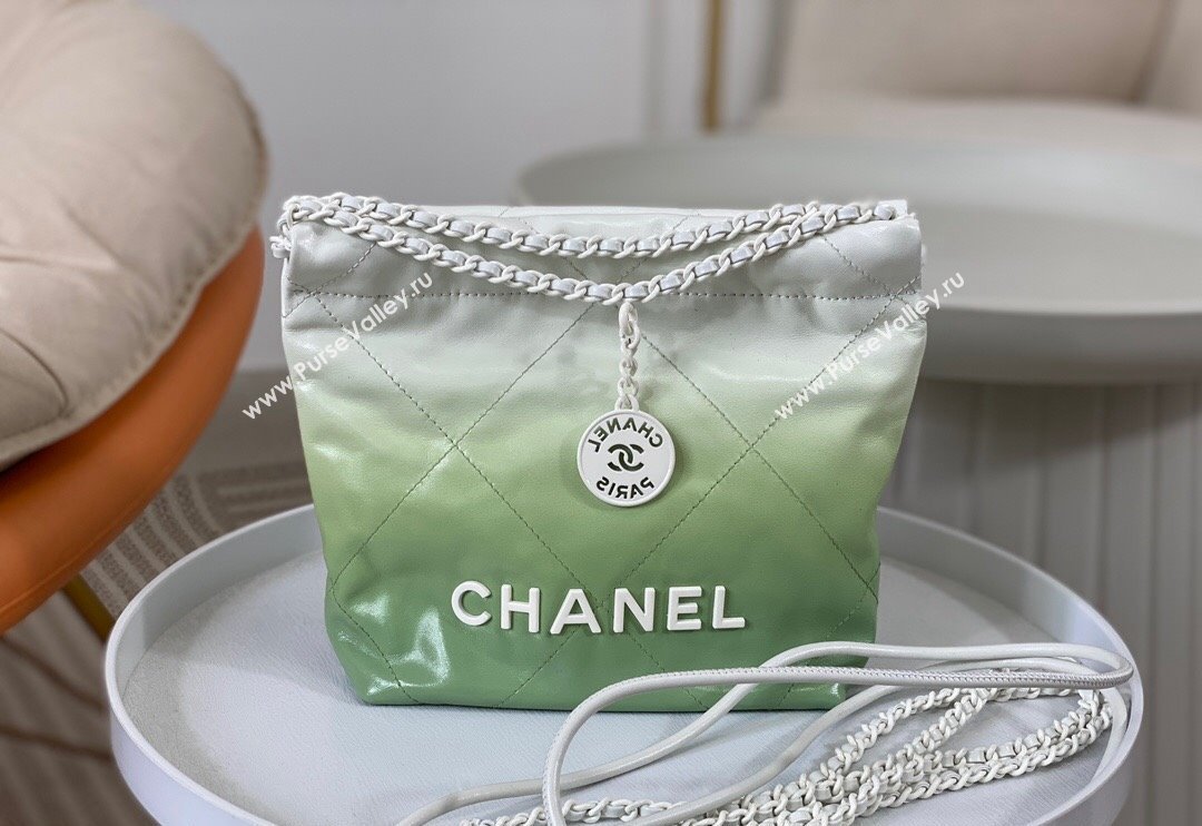 Chanel 22 Patent Gradient Calfskin  Lacquered Metal Mini Shopping Bag AS3980 White/Green 2024 0626 (SM-240626054)