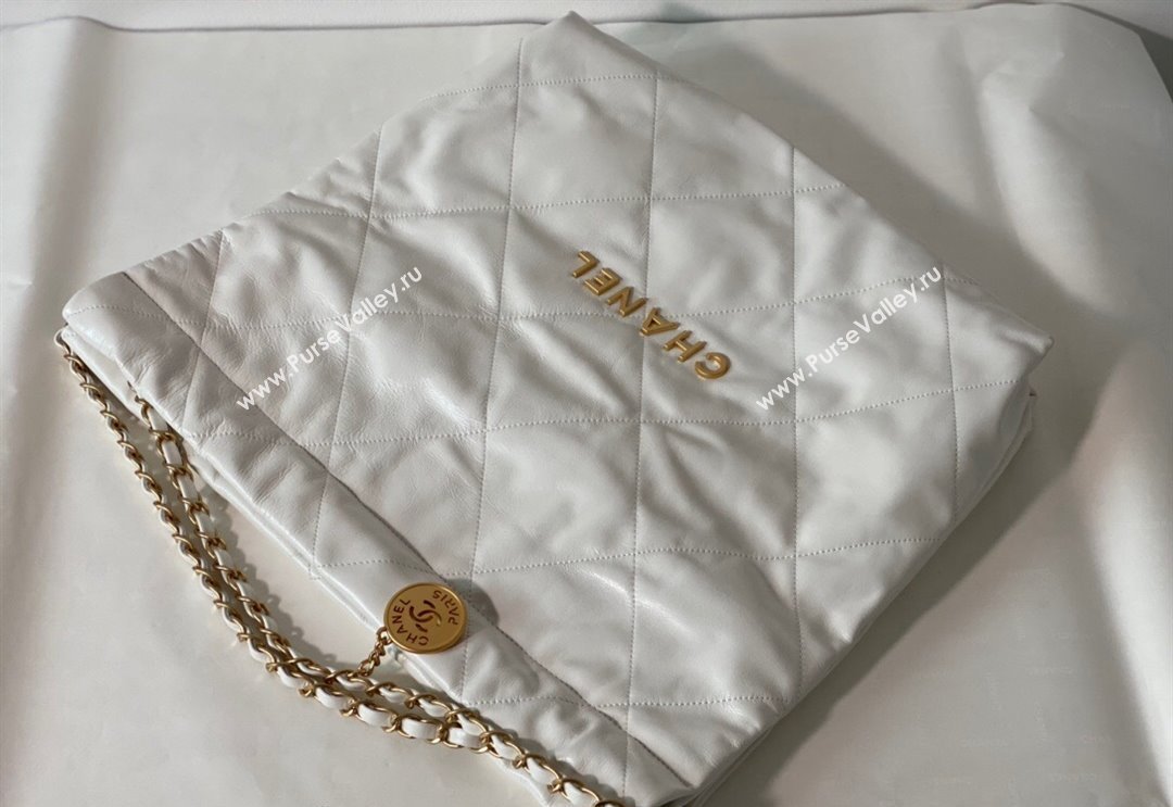 Chanel 22 Shiny Calfskin Leather Shopping Bag AS3261 White/Aged Gold 2024 0626 (SM-240626073)