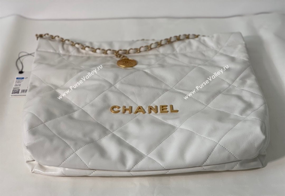 Chanel 22 Shiny Calfskin Leather Shopping Bag AS3261 White/Aged Gold 2024 0626 (SM-240626073)