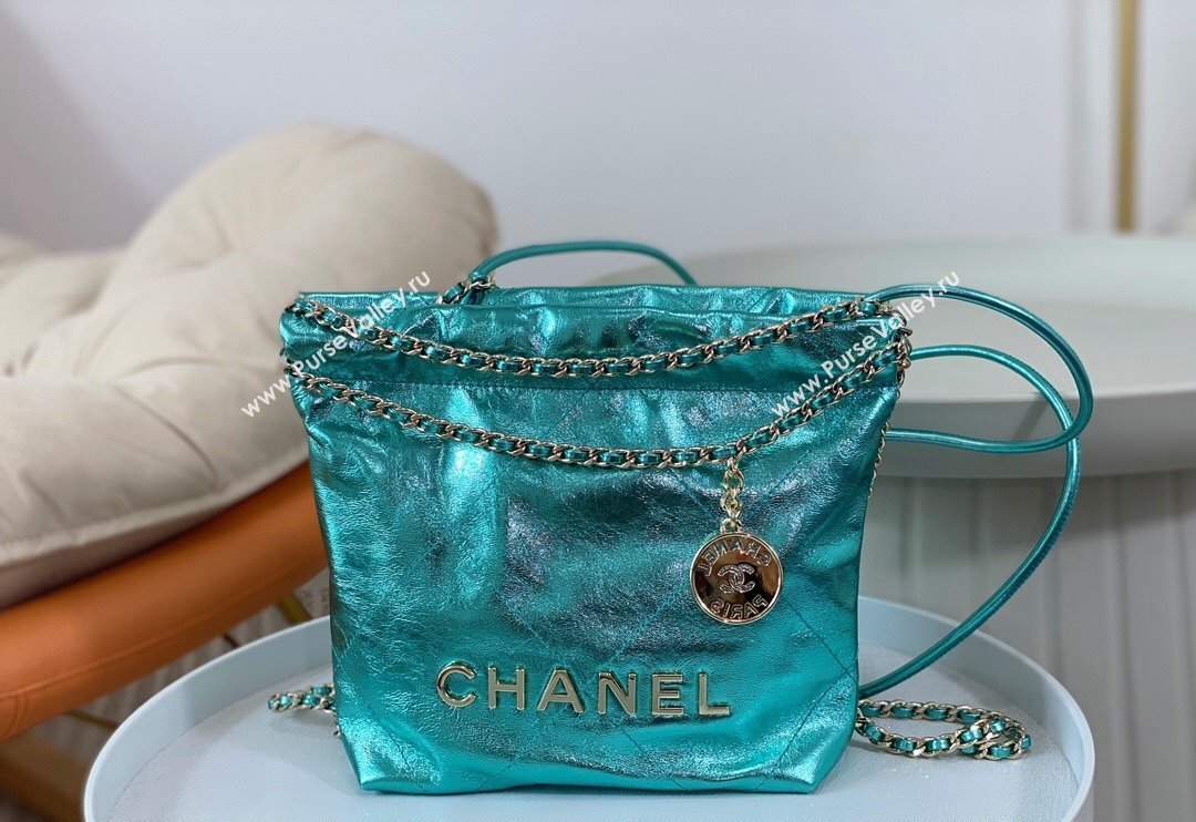 Chanel 22 Metallic Shiny Calfskin Mini Shopping Bag AS3980 Green2 2024 (SM-240626091)