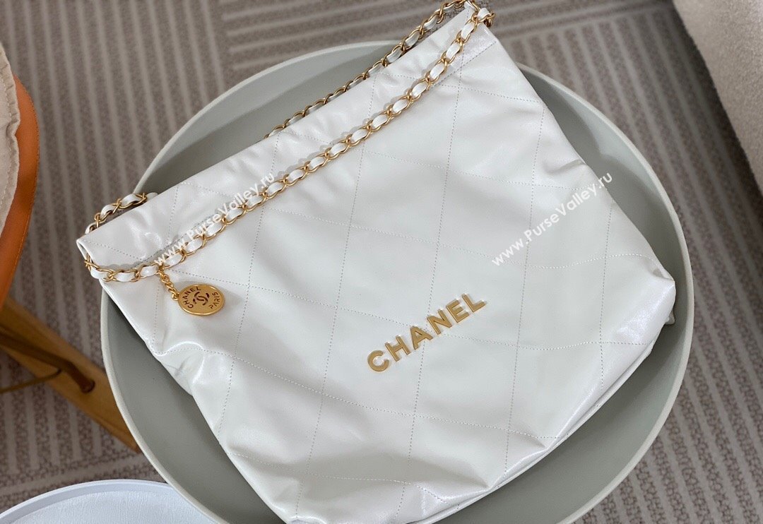 Chanel 22 Matte Calfskin Leather Shopping Bag AS3261 White/Aged Gold 2024 0626 (SM-240626075)