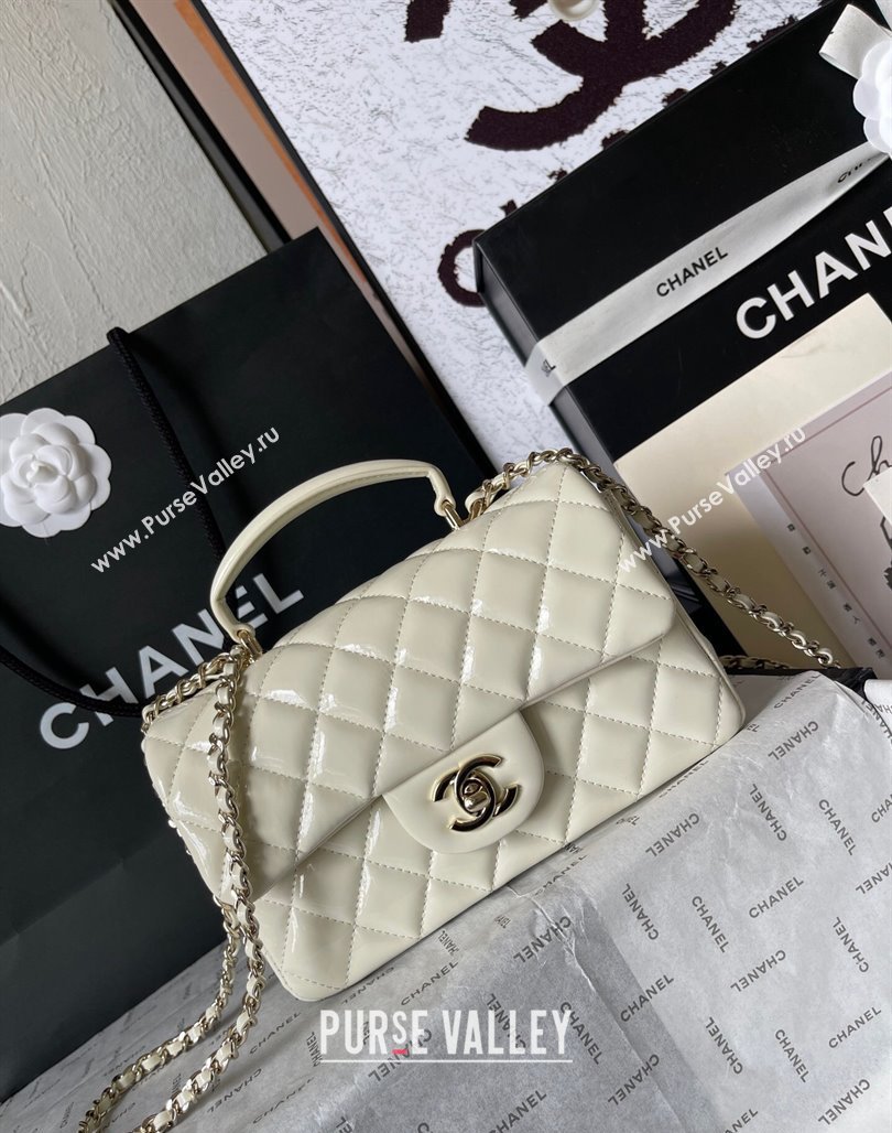 Chanel Patent Calfskin Mini Flap Bag with Top Handle AS2431 White 2024 0626 (yingf-240626120)