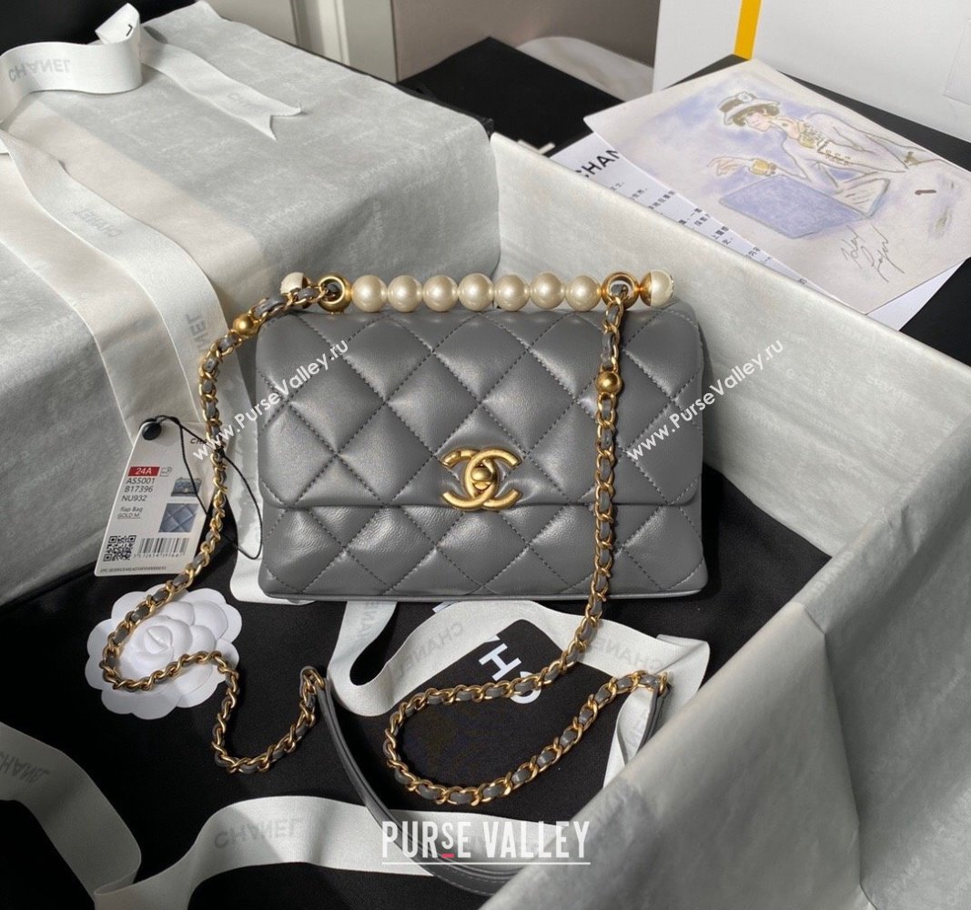 Chanel Shiny Lambskin Mini Flap Bag with Top Handle and Pearls Grey 2024 AS5001 (yezi-240627002)