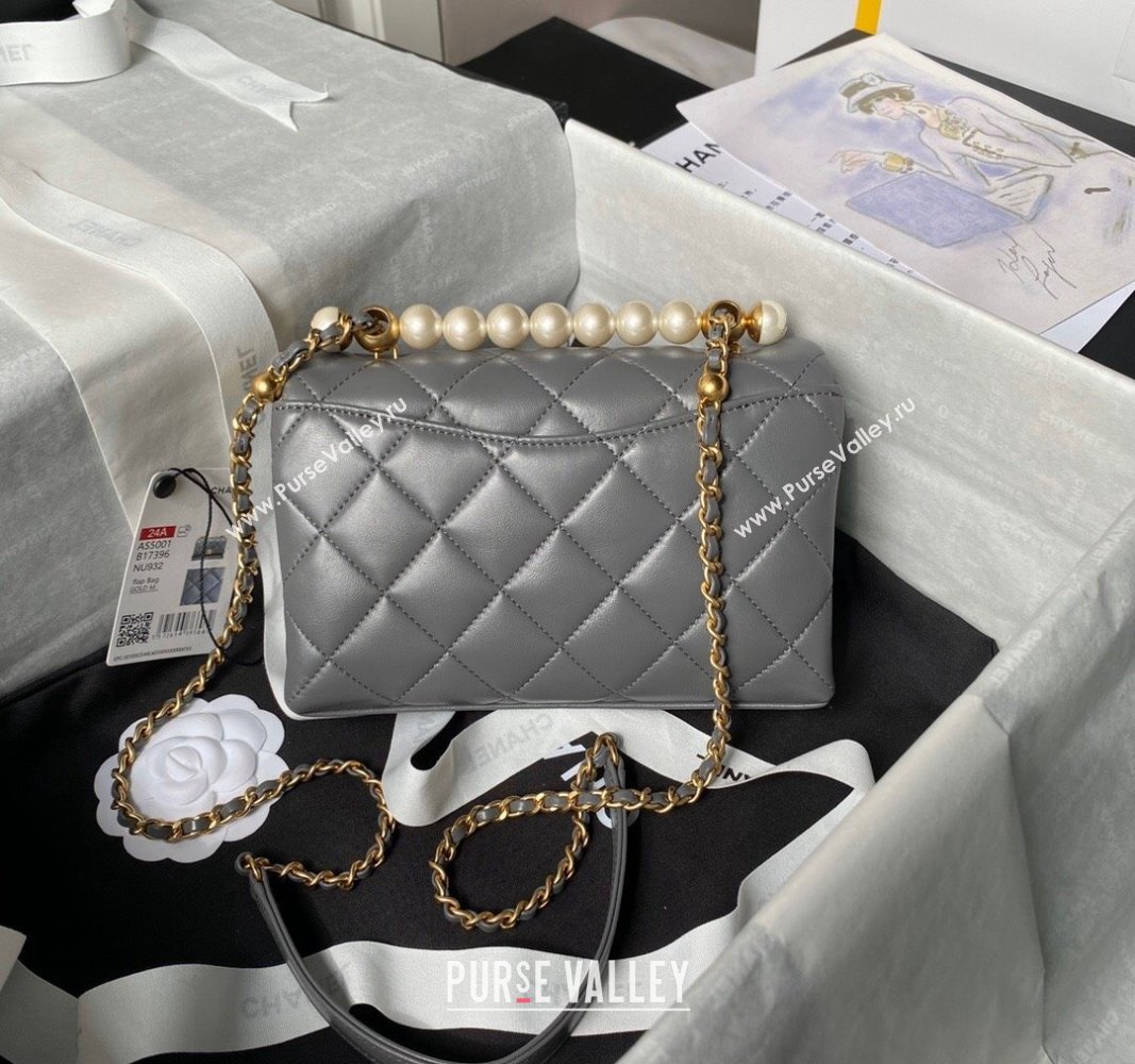 Chanel Shiny Lambskin Mini Flap Bag with Top Handle and Pearls Grey 2024 AS5001 (yezi-240627002)