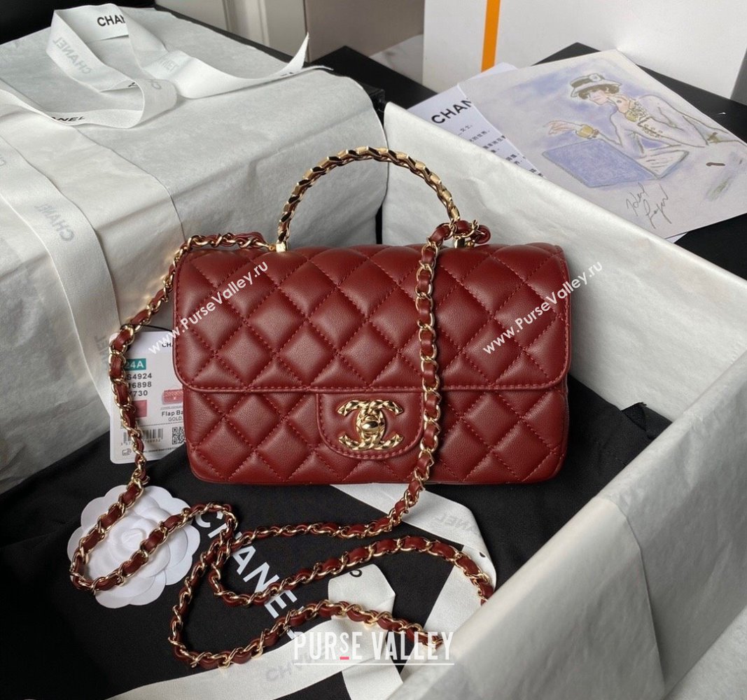 Chanel Shiny Lambskin Mini Flap Bag with Top Handle and Strass Burgundy 2024 AS4924 (yezi-240627009)