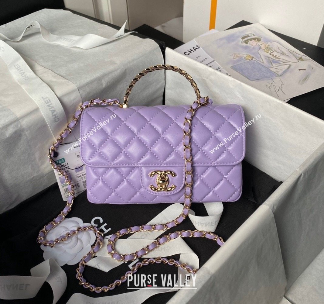 Chanel Shiny Lambskin Mini Flap Bag with Top Handle and Strass Purple 2024 AS4924 (yezi-240627010)