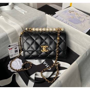 Chanel Shiny Lambskin Mini Flap Bag with Top Handle and Pearls Black 2024 AS5001 (yezi-240627003)