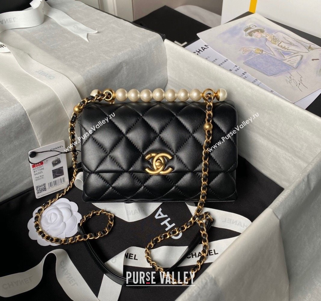 Chanel Shiny Lambskin Mini Flap Bag with Top Handle and Pearls Black 2024 AS5001 (yezi-240627003)