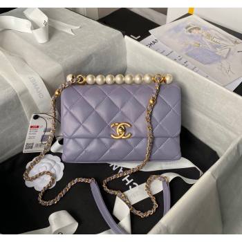 Chanel Shiny Lambskin Mini Flap Bag with Top Handle and Pearls Light Purple 2024 AS5001 (yezi-240627001)