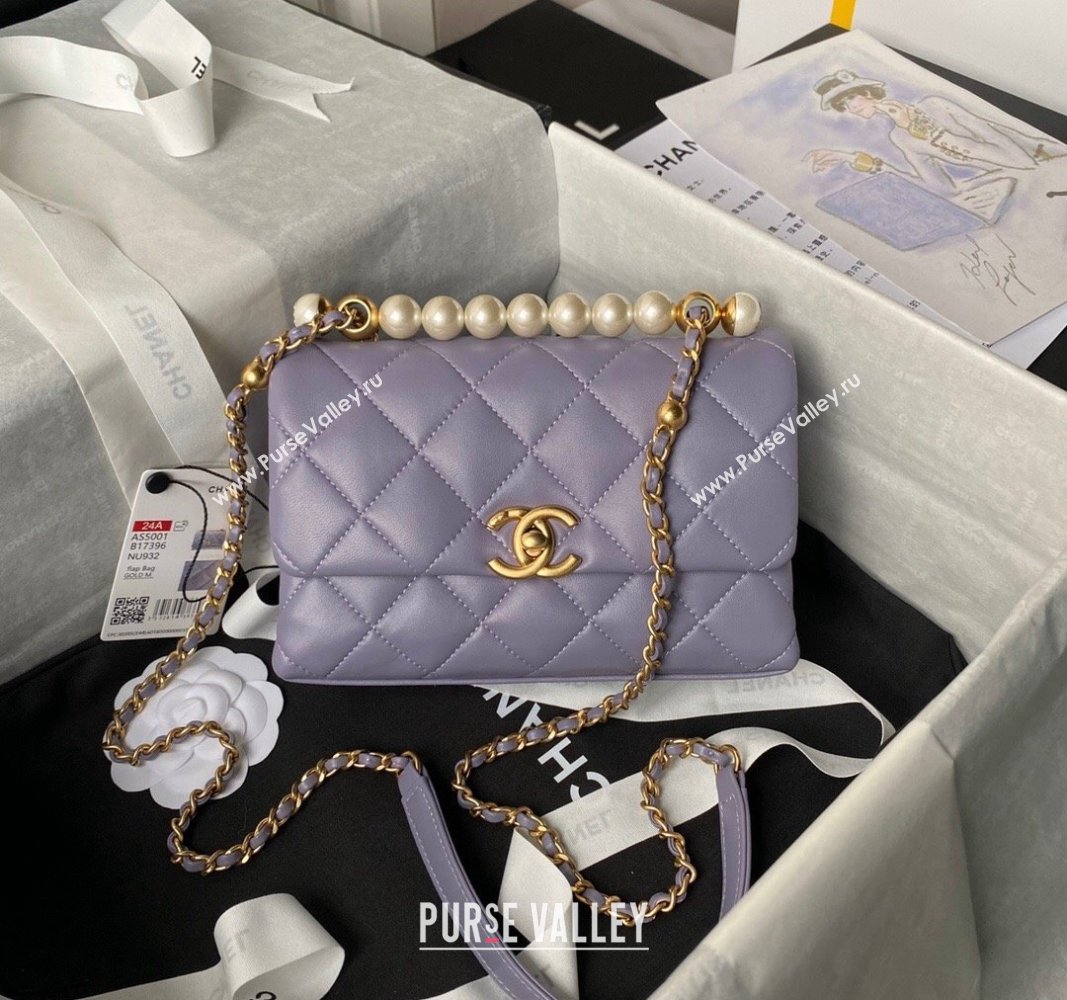 Chanel Shiny Lambskin Mini Flap Bag with Top Handle and Pearls Light Purple 2024 AS5001 (yezi-240627001)