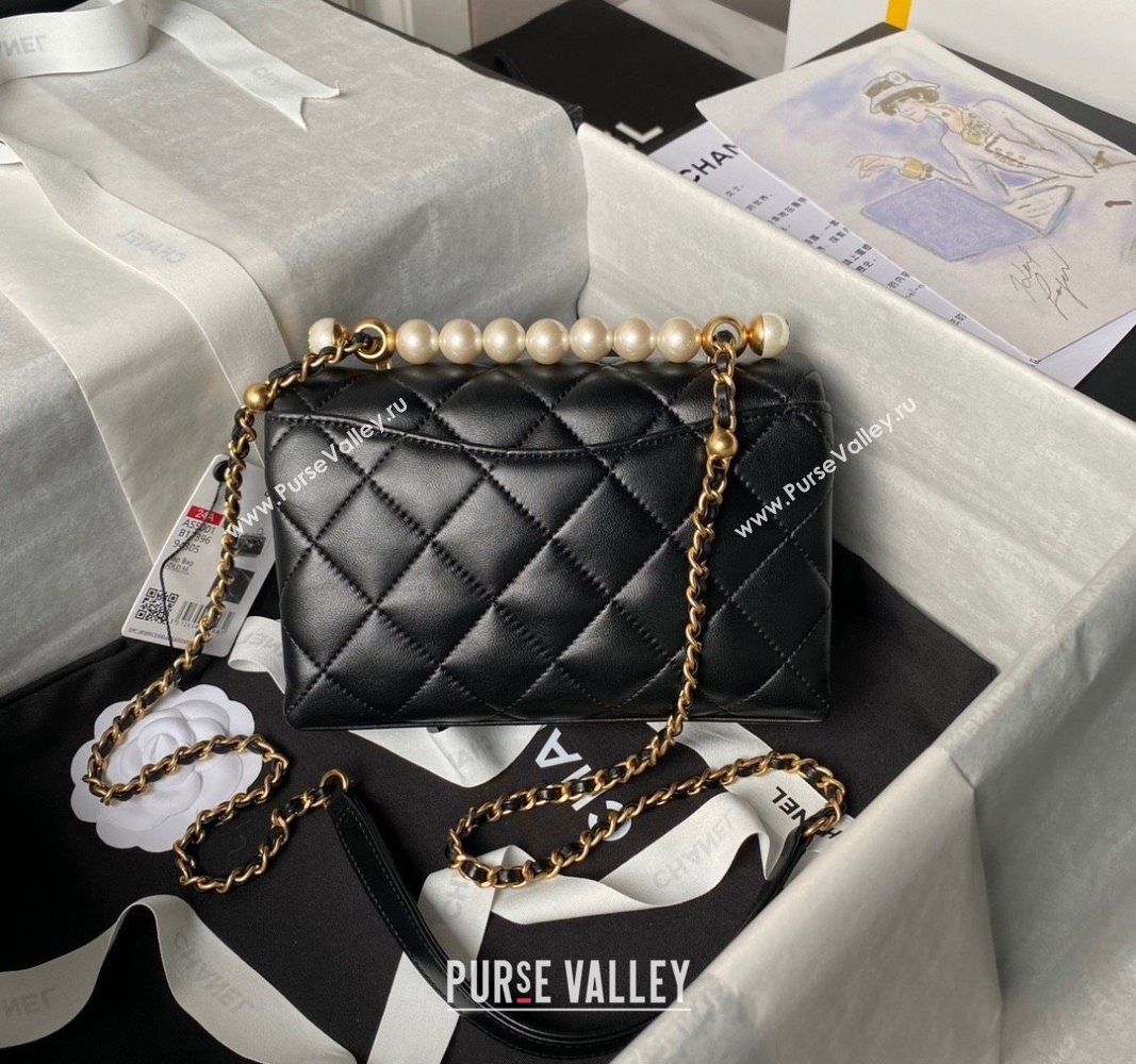 Chanel Shiny Lambskin Mini Flap Bag with Top Handle and Pearls Black 2024 AS5001 (yezi-240627003)