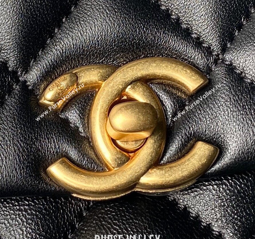 Chanel Shiny Lambskin Mini Flap Bag with Top Handle and Pearls Black 2024 AS5001 (yezi-240627003)