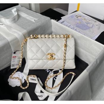 Chanel Shiny Lambskin Mini Flap Bag with Top Handle and Pearls White 2024 AS5001 (yezi-240627004)