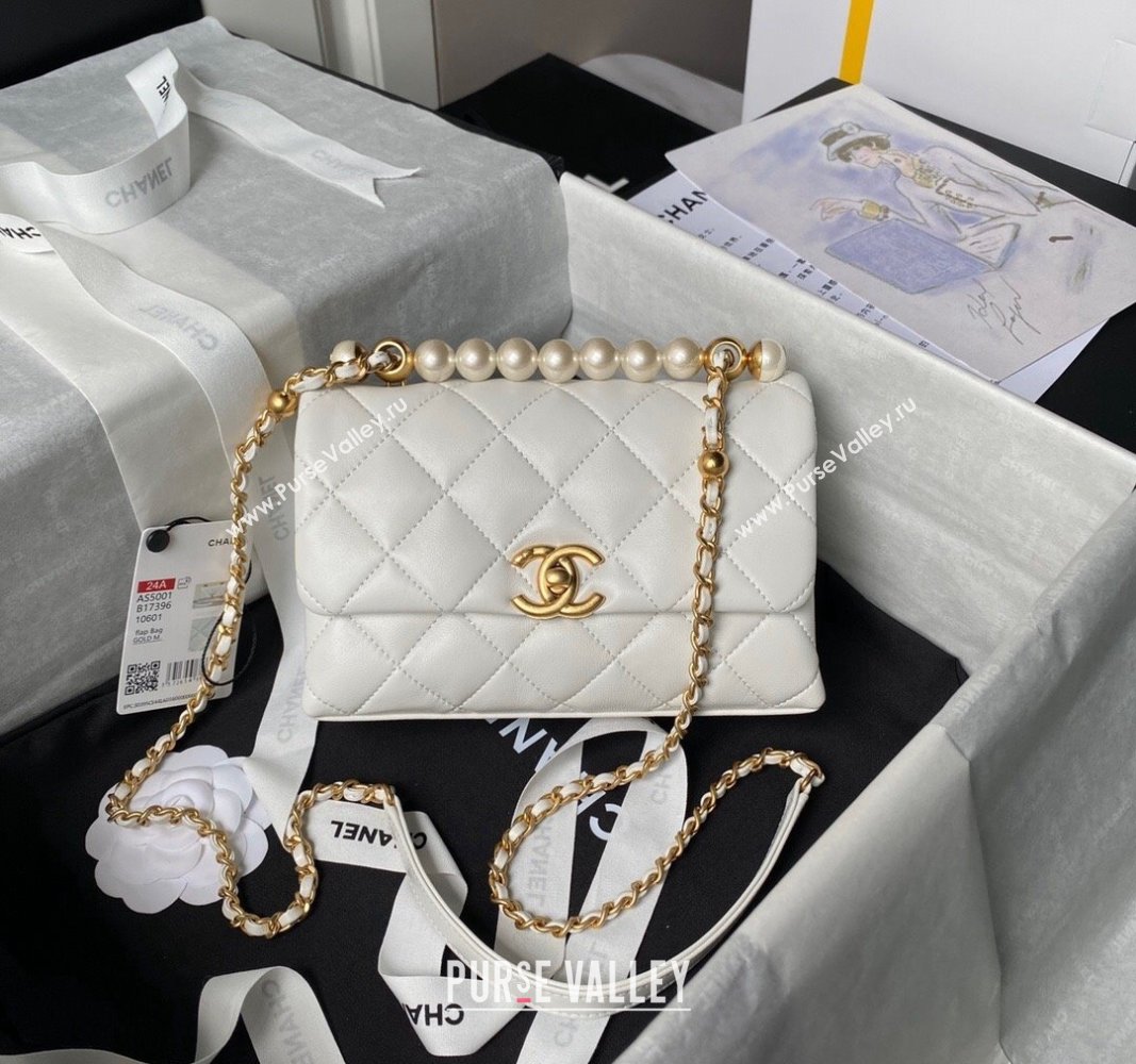 Chanel Shiny Lambskin Mini Flap Bag with Top Handle and Pearls White 2024 AS5001 (yezi-240627004)