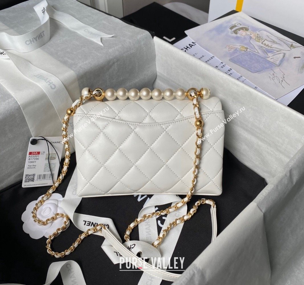 Chanel Shiny Lambskin Mini Flap Bag with Top Handle and Pearls White 2024 AS5001 (yezi-240627004)