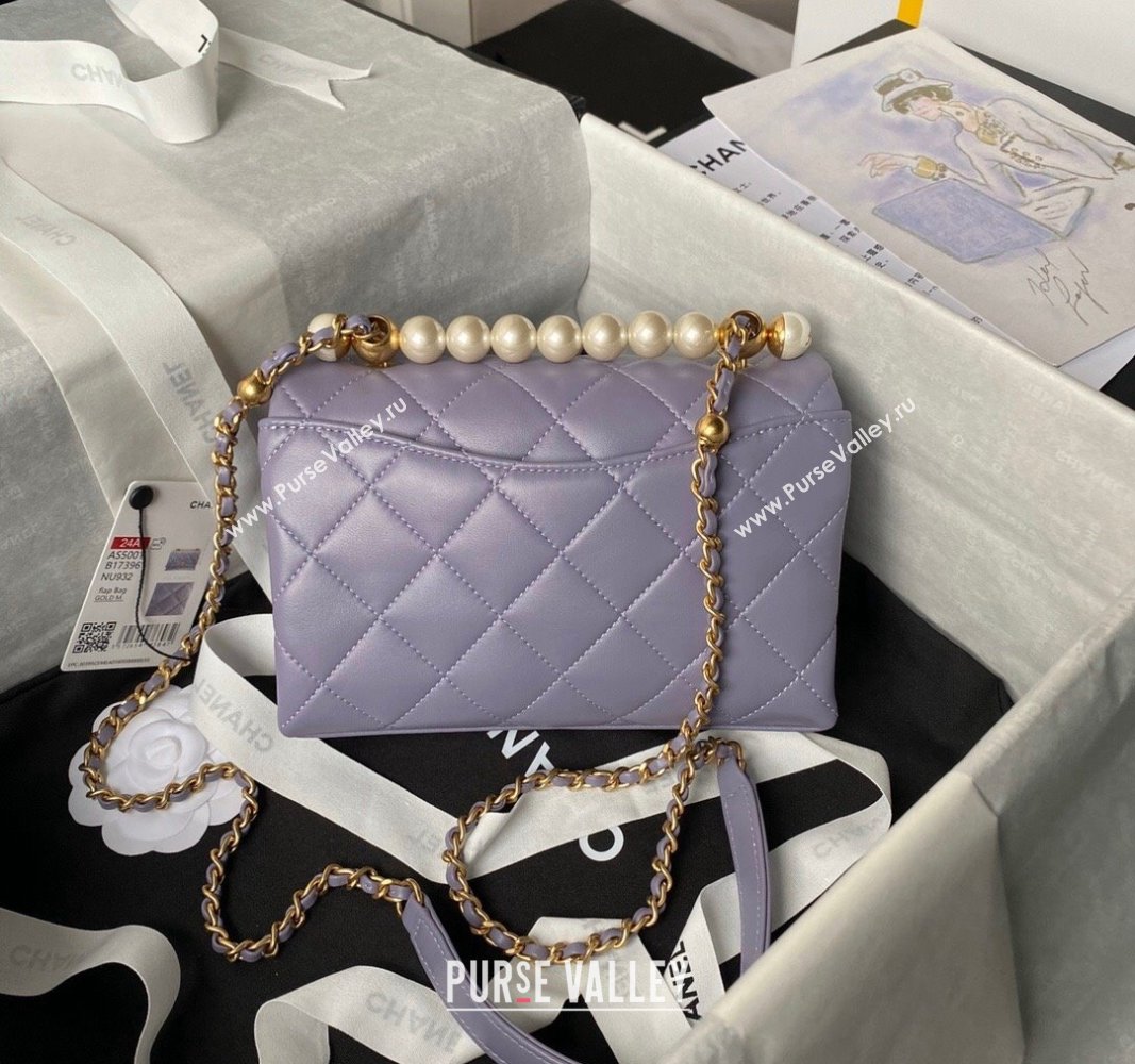 Chanel Shiny Lambskin Mini Flap Bag with Top Handle and Pearls Light Purple 2024 AS5001 (yezi-240627001)