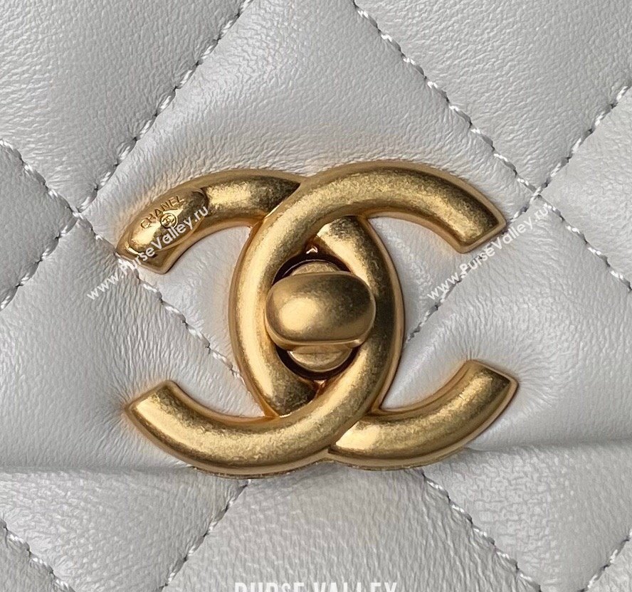 Chanel Shiny Lambskin Mini Flap Bag with Top Handle and Pearls White 2024 AS5001 (yezi-240627004)