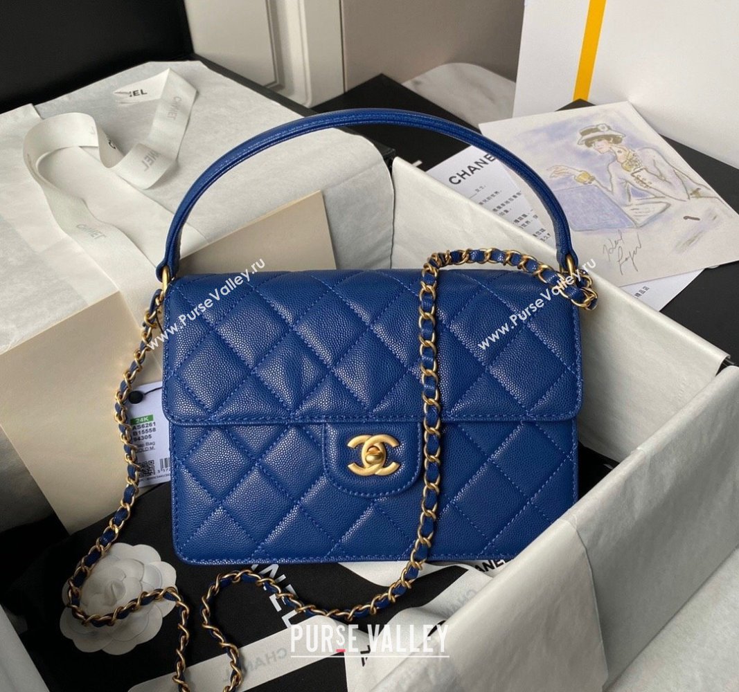 Chanel Grained Calfskin Flap bag with Top handle Blue 2024 AS6261 (yezi-240627032)