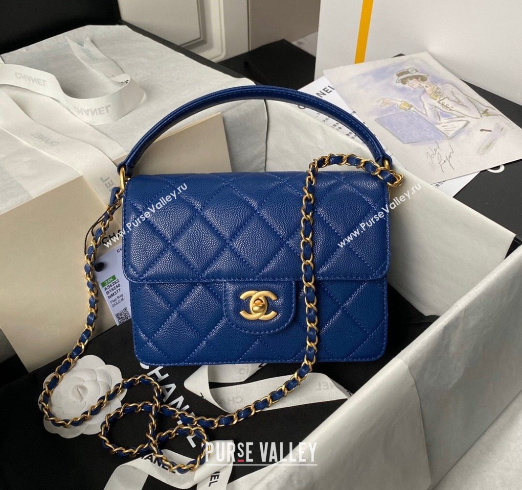 Chanel Grained Calfskin Small Flap bag with Top handle Blue 2024 AS6262 (yezi-240627026)