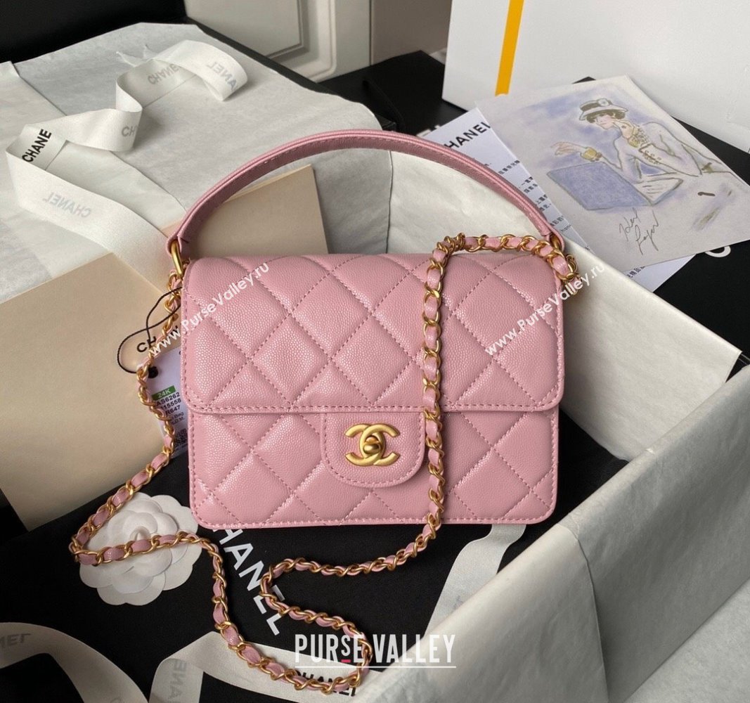 Chanel Grained Calfskin Small Flap bag with Top handle Light Pink 2024 AS6262 (yezi-240627028)