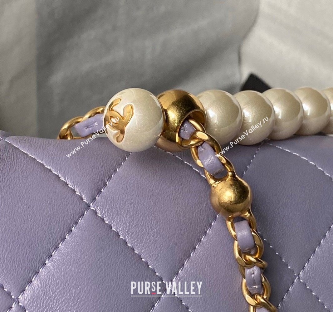 Chanel Shiny Lambskin Mini Flap Bag with Top Handle and Pearls Light Purple 2024 AS5001 (yezi-240627001)