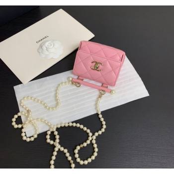 Chanel Lambskin Triangle Clutch with Chain and Pearls Light Pink 2024 AP4006 (yezi-240627033)