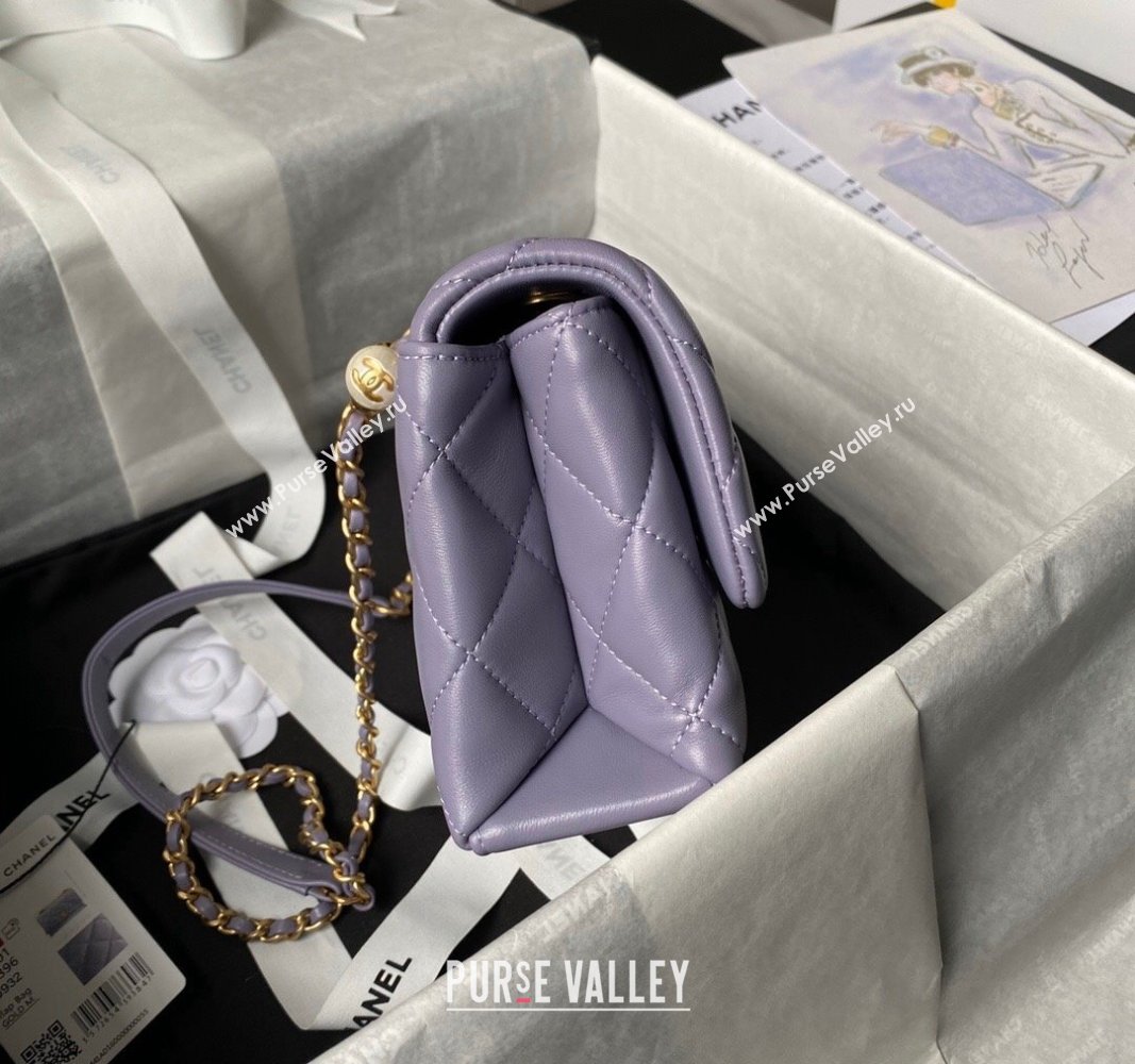 Chanel Shiny Lambskin Mini Flap Bag with Top Handle and Pearls Light Purple 2024 AS5001 (yezi-240627001)