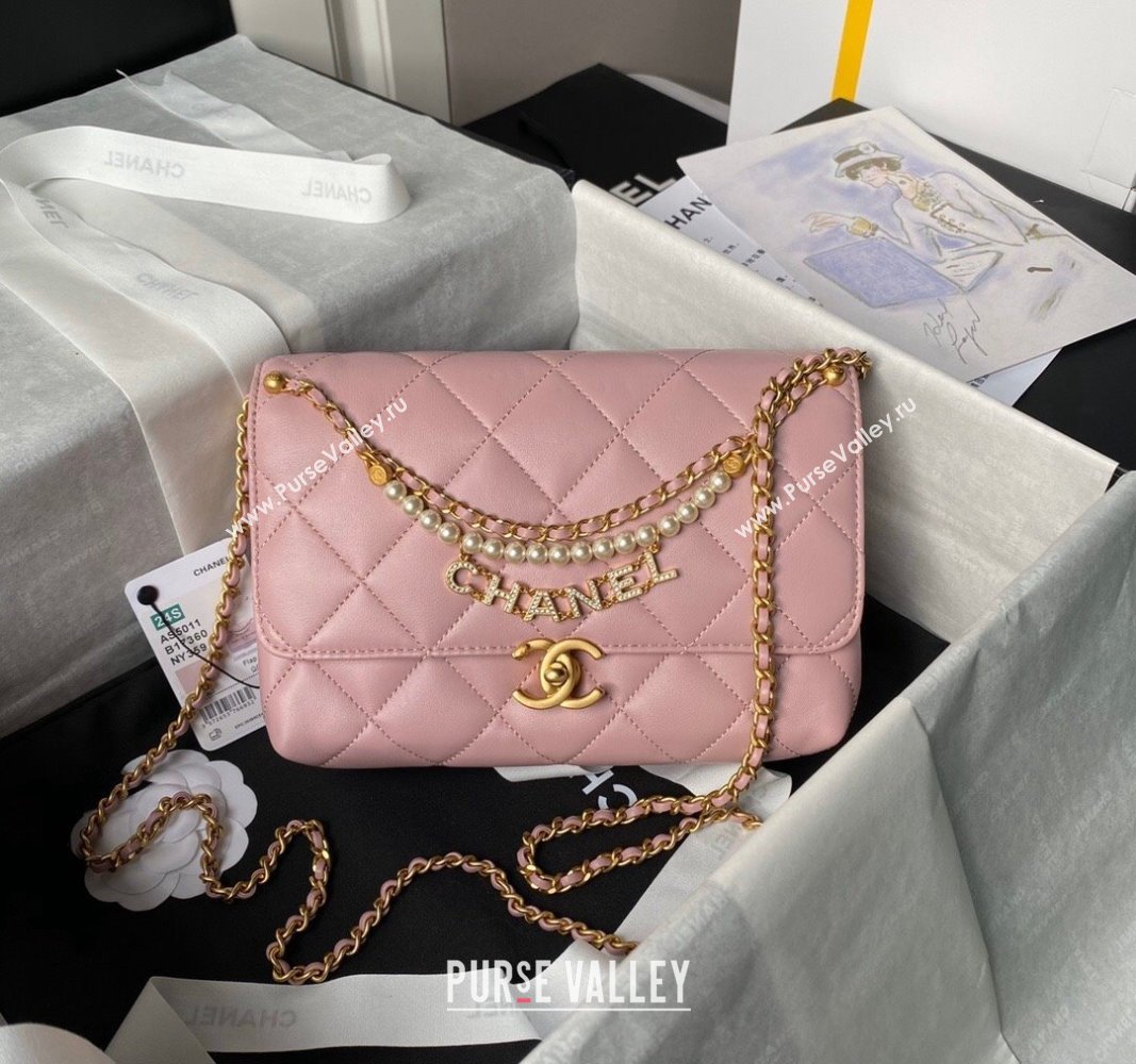 Chanel Shiny Lambskin Small Flap Bag with Pearls AS5011 Light Pink 2024 (yezi-240627059)