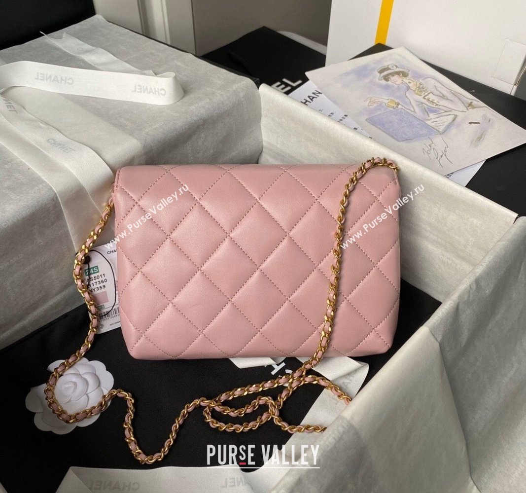 Chanel Shiny Lambskin Small Flap Bag with Pearls AS5011 Light Pink 2024 (yezi-240627059)