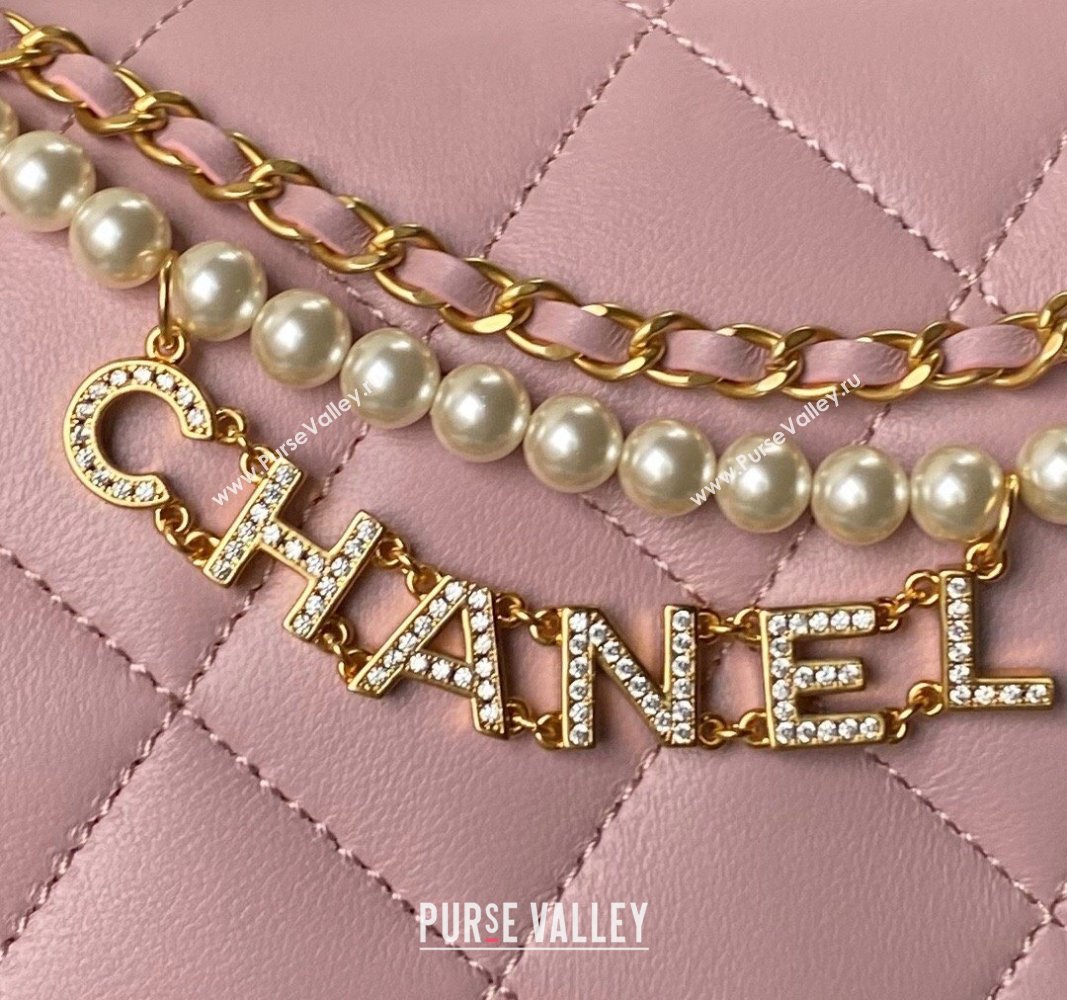 Chanel Shiny Lambskin Small Flap Bag with Pearls AS5011 Light Pink 2024 (yezi-240627059)